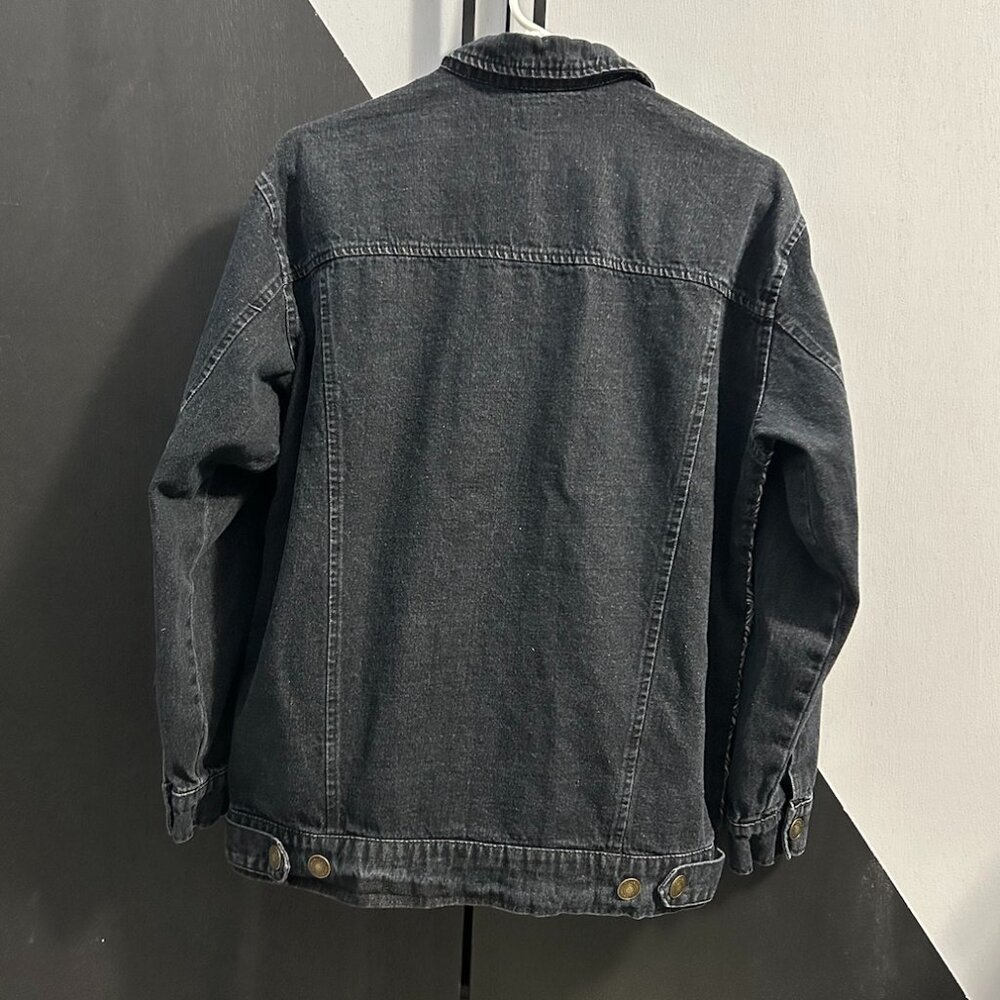 POL Black Washed Denim Jacket Geometric Tapestry/Embroidered Sleeves Women's S - Picture 10 of 12